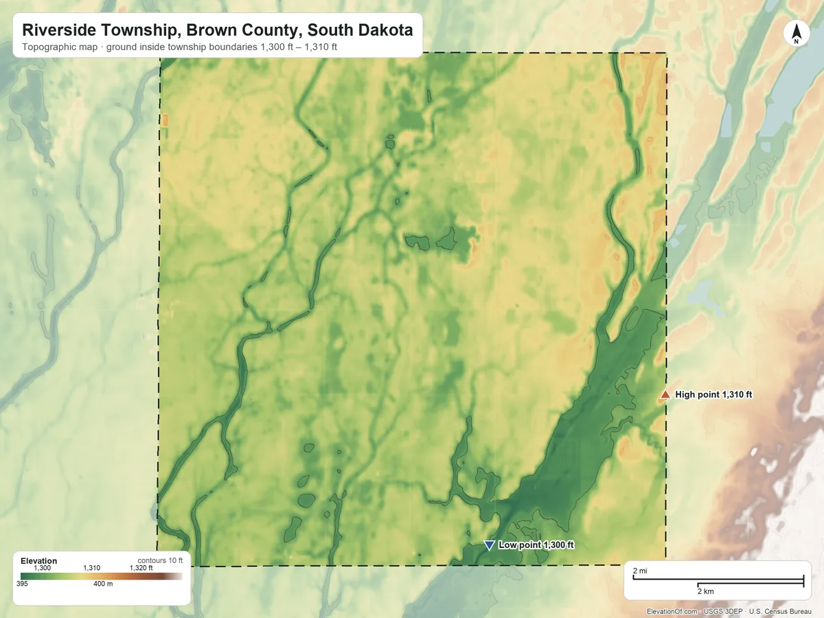 Topographic elevation map of Riverside Township, Brown County, South Dakota, shaded from 1,300 ft on the southeast side to 1,310 ft on the east side