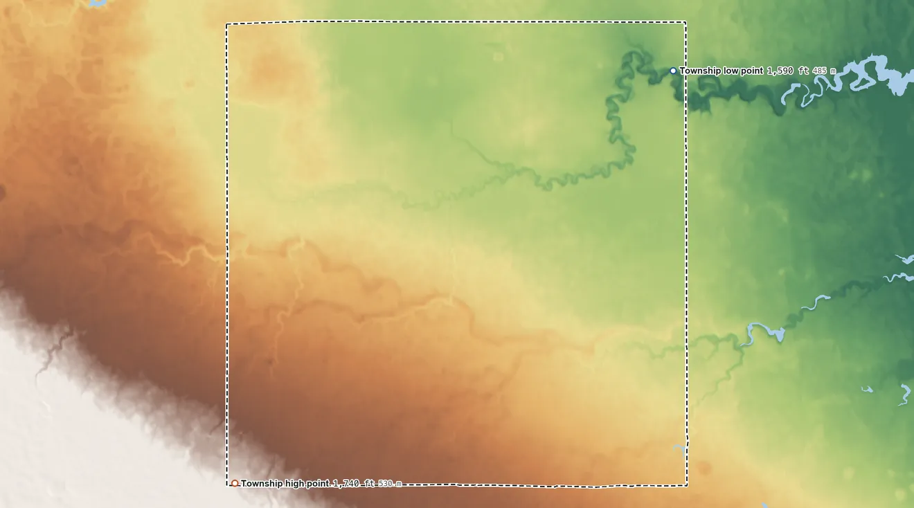 Topographic elevation map of Riverside Township, Hand County, South Dakota, shaded from 1,590 ft on the northeast side to 1,740 ft on the southwest side