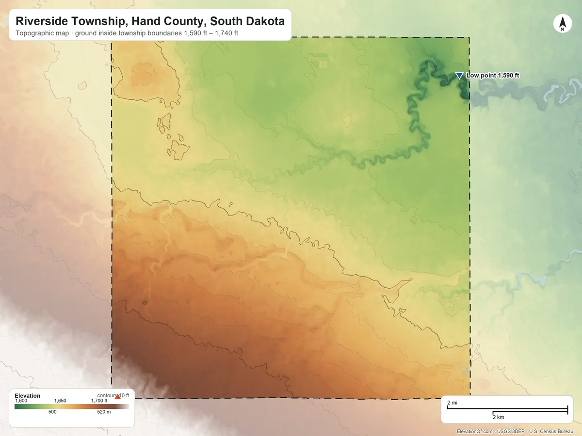 Topographic elevation map of Riverside Township, Hand County, South Dakota, shaded from 1,590 ft on the northeast side to 1,740 ft on the southwest side