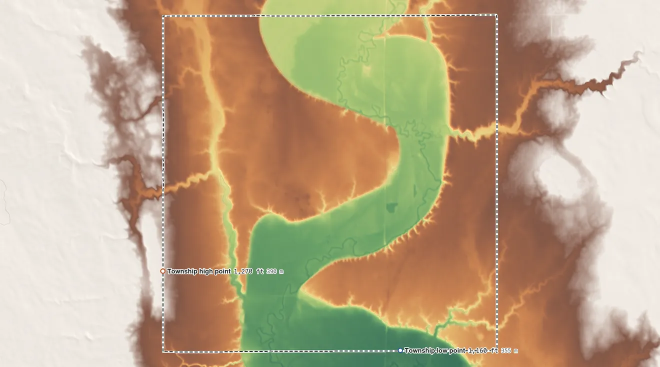 Topographic elevation map of Riverside Township, South Dakota, shaded from 1,160 ft on the southeast side to 1,270 ft on the southwest side