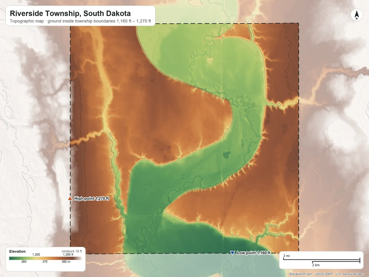 Topographic elevation map of Riverside Township, South Dakota, shaded from 1,160 ft on the southeast side to 1,270 ft on the southwest side