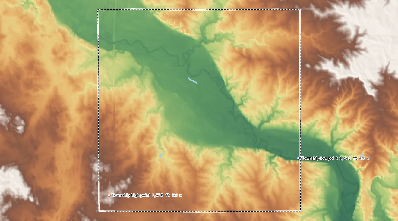 Topographic elevation map of Riverview Township, South Dakota, shaded from 1,540 ft on the east side to 1,720 ft on the southwest side