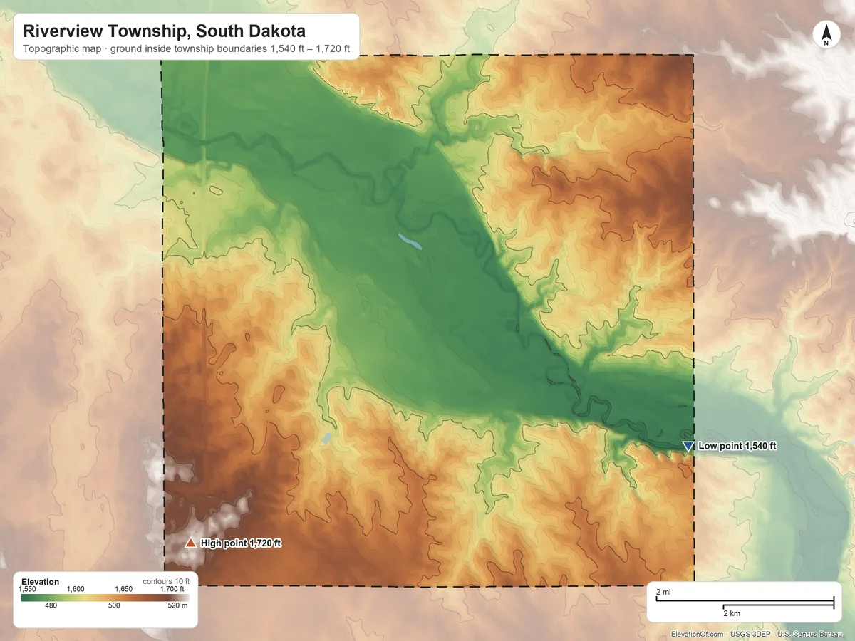 Topographic elevation map of Riverview Township, South Dakota, shaded from 1,540 ft on the east side to 1,720 ft on the southwest side