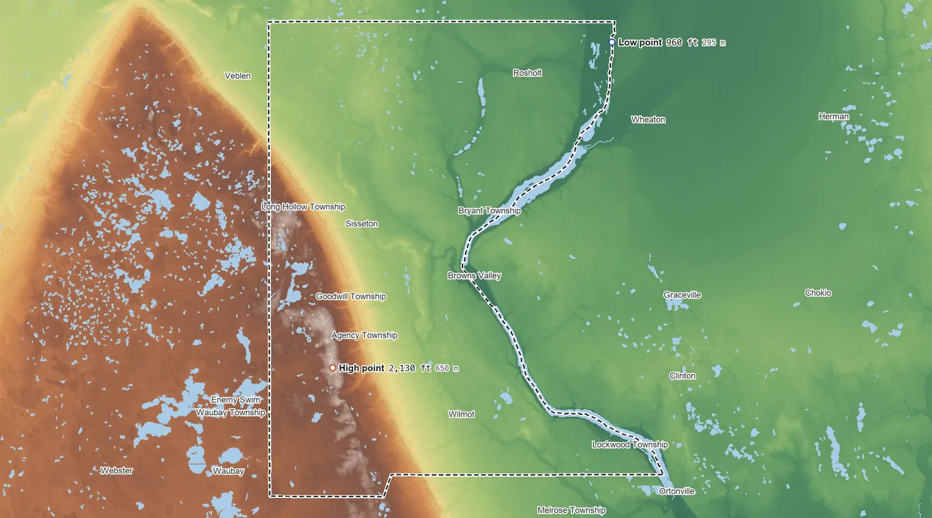 Topographic elevation map of Roberts County, South Dakota, shaded from 960 ft on the northeast side to 2,130 ft on the southwest side