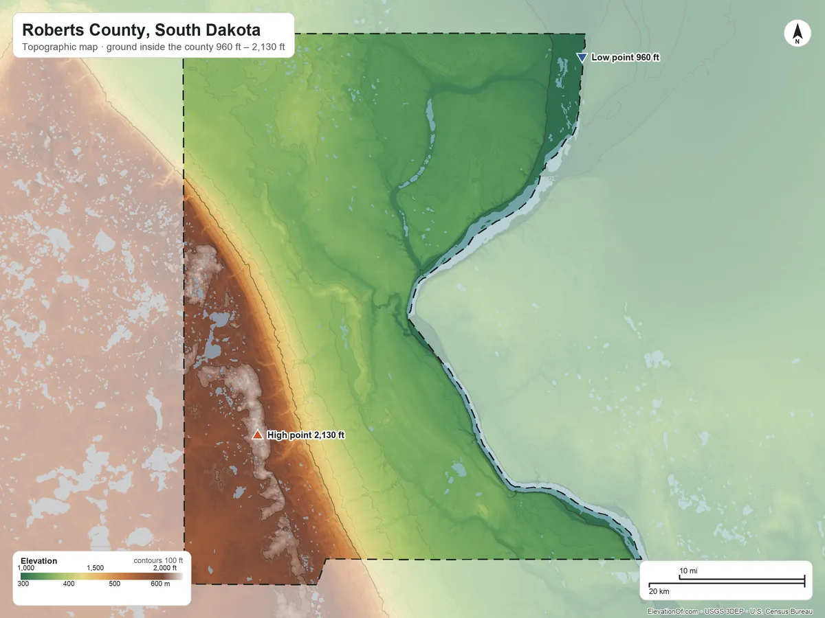Topographic elevation map of Roberts County, South Dakota, shaded from 960 ft on the northeast side to 2,130 ft on the southwest side