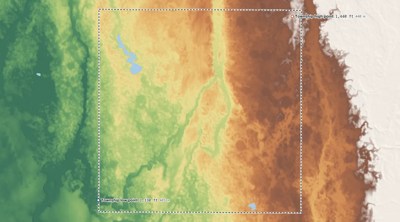 Topographic elevation map of Rock Creek Township, South Dakota, shaded from 1,330 ft on the west side to 1,440 ft on the north side