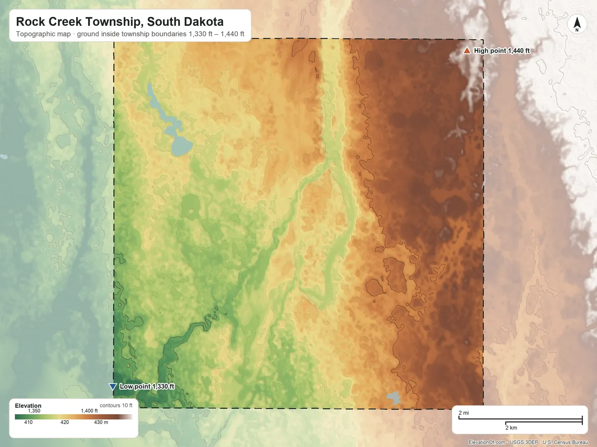 Topographic elevation map of Rock Creek Township, South Dakota, shaded from 1,330 ft on the west side to 1,440 ft on the north side