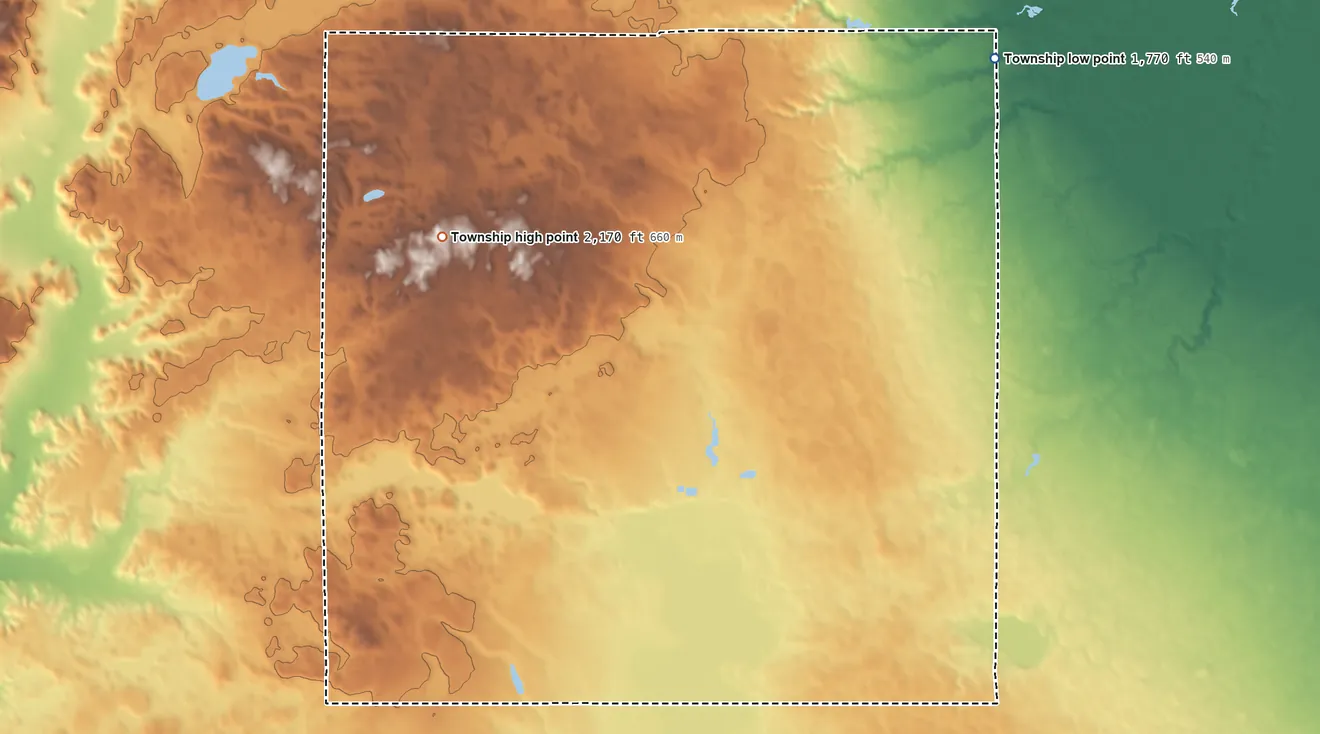 Topographic elevation map of Rockdale Township, South Dakota, shaded from 1,770 ft on the northeast side to 2,170 ft on the northwest side