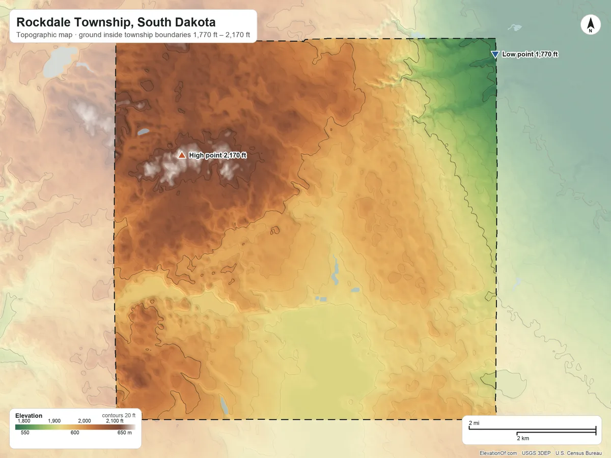 Topographic elevation map of Rockdale Township, South Dakota, shaded from 1,770 ft on the northeast side to 2,170 ft on the northwest side