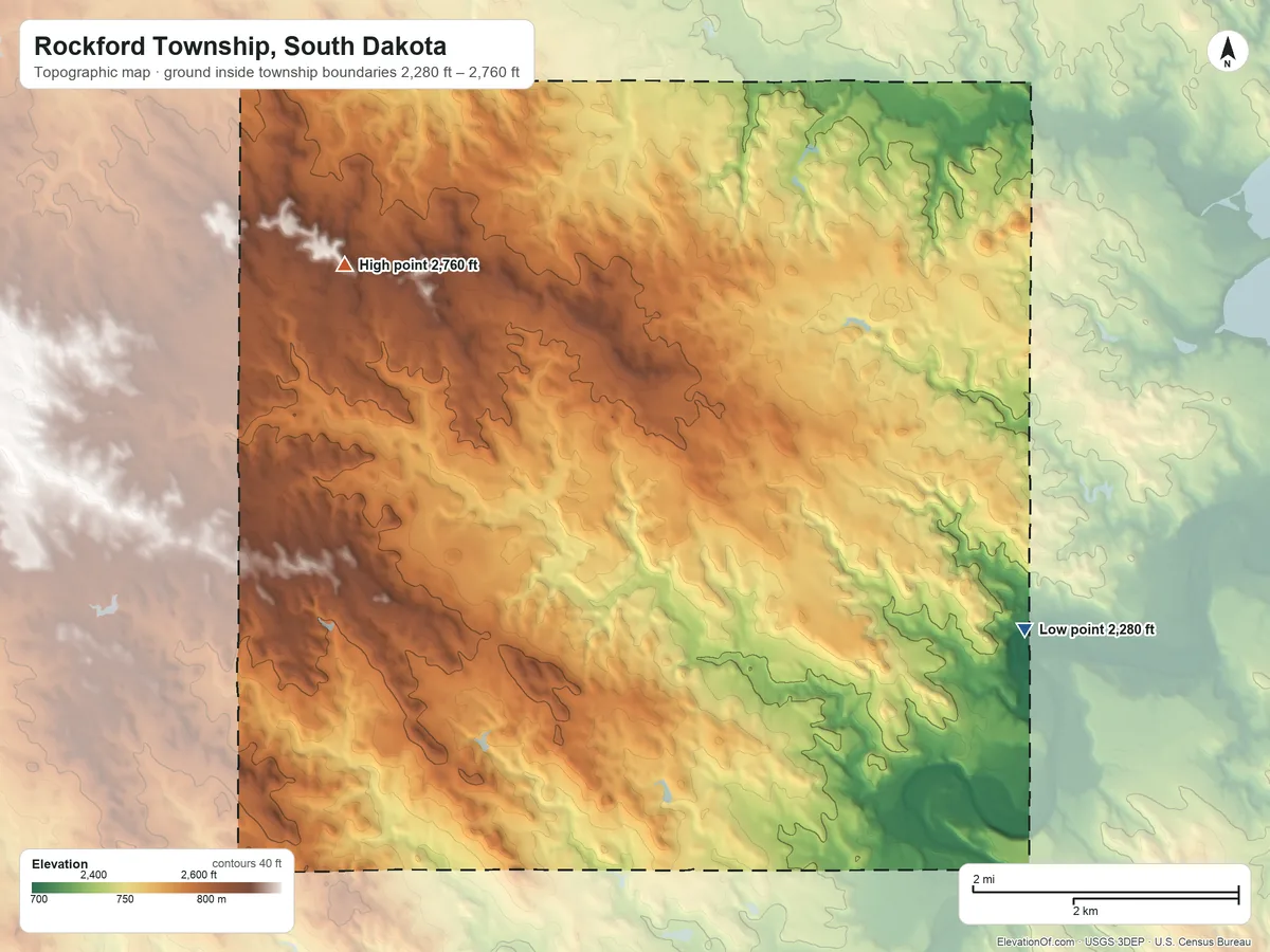 Topographic elevation map of Rockford Township, South Dakota, shaded from 2,280 ft on the south side to 2,760 ft on the west side