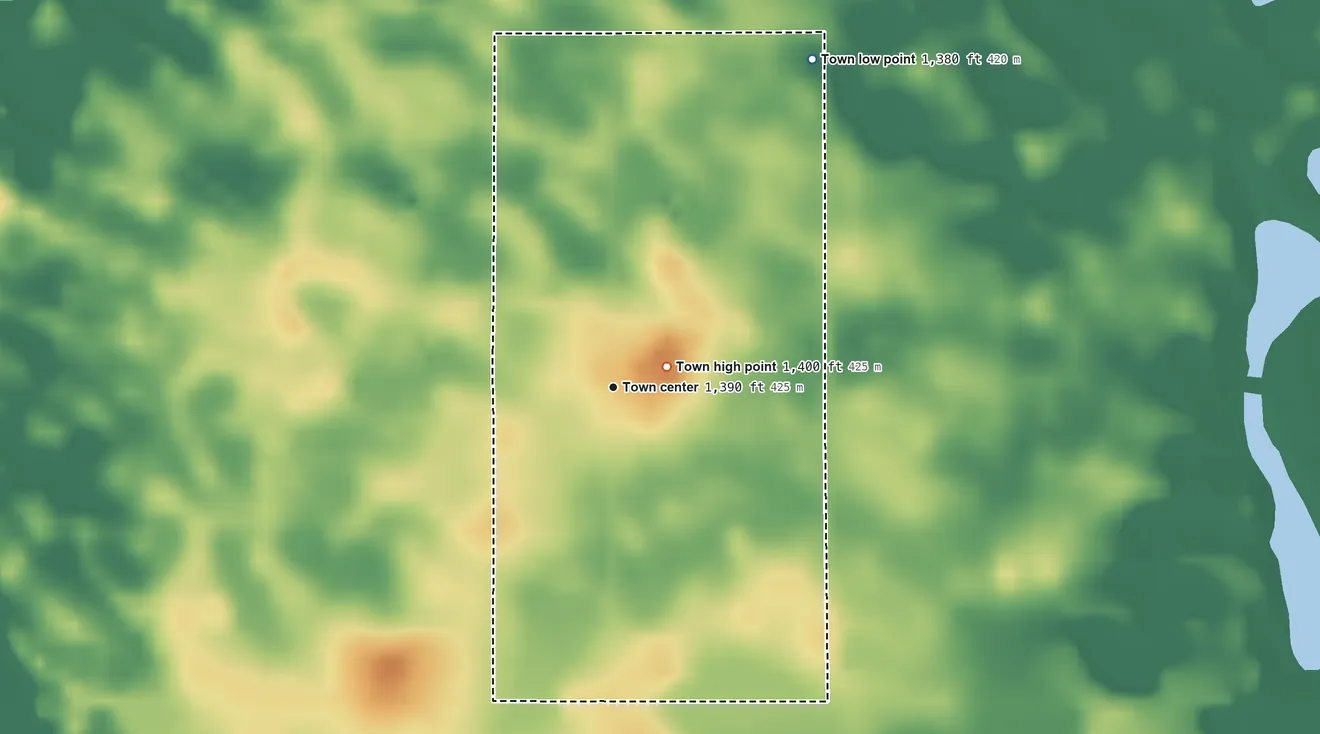 Topographic elevation map of Rockham, South Dakota, shaded from 1,380 ft on the northeast side to 1,400 ft near the middle