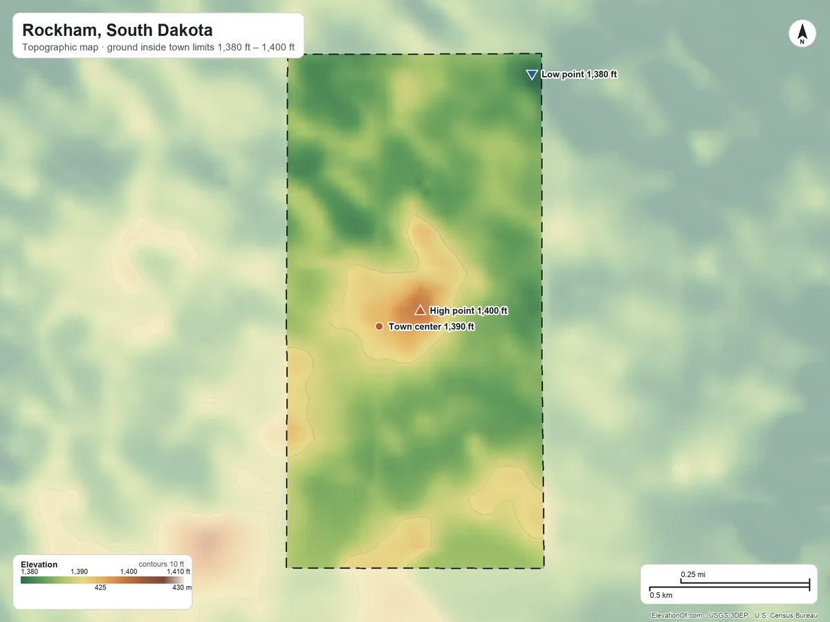 Topographic elevation map of Rockham, South Dakota, shaded from 1,380 ft on the northeast side to 1,400 ft near the middle