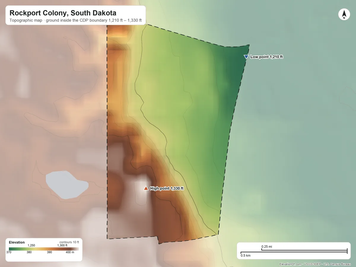 Topographic elevation map of Rockport Colony, South Dakota, shaded from 1,210 ft on the northeast side to 1,330 ft on the south side