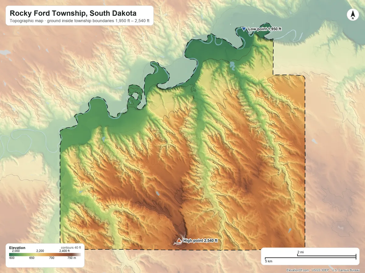 Topographic elevation map of Rocky Ford Township, South Dakota, shaded from 1,950 ft on the north side to 2,540 ft on Horseshoe Butte