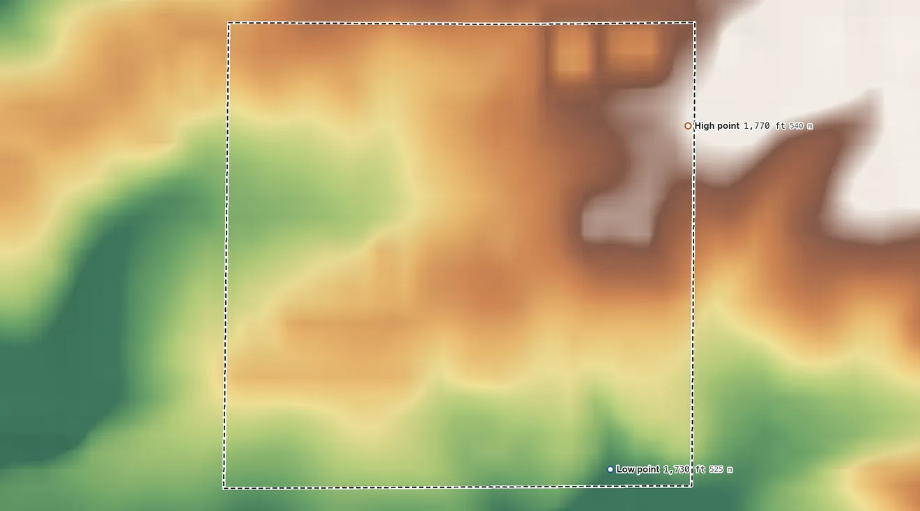 Topographic elevation map of Rolland Colony, South Dakota, shaded from 1,730 ft on the southeast side to 1,770 ft on the northeast side