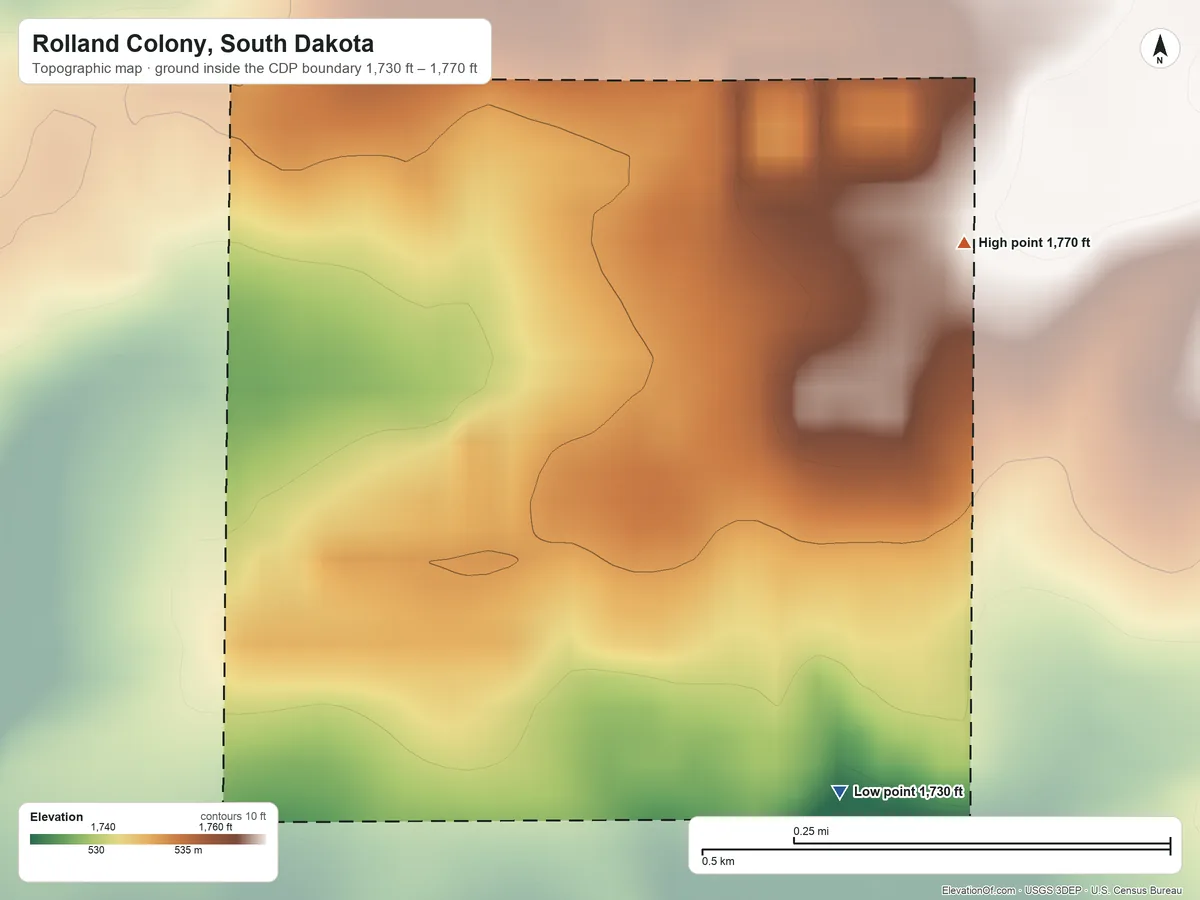 Topographic elevation map of Rolland Colony, South Dakota, shaded from 1,730 ft on the southeast side to 1,770 ft on the northeast side
