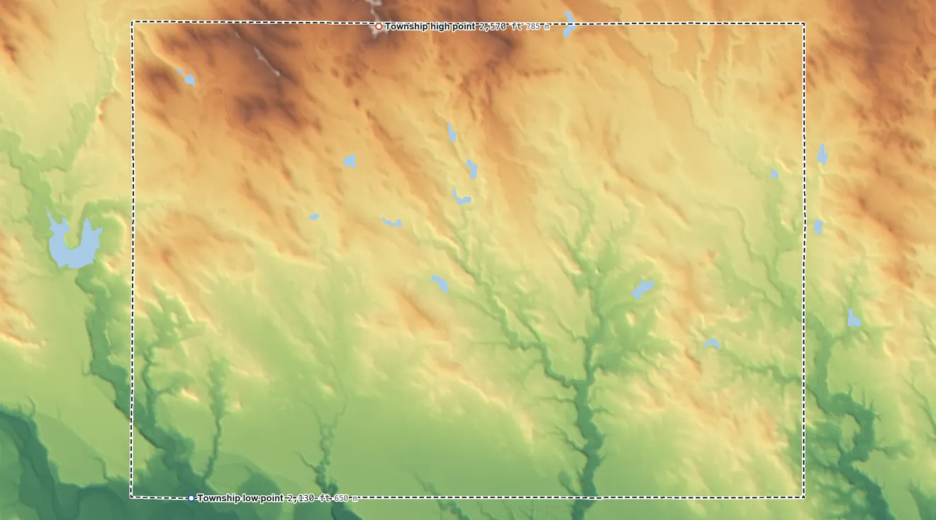 Topographic elevation map of Rolling Green Township, South Dakota, shaded from 2,130 ft on the southwest side to 2,570 ft on the northwest side