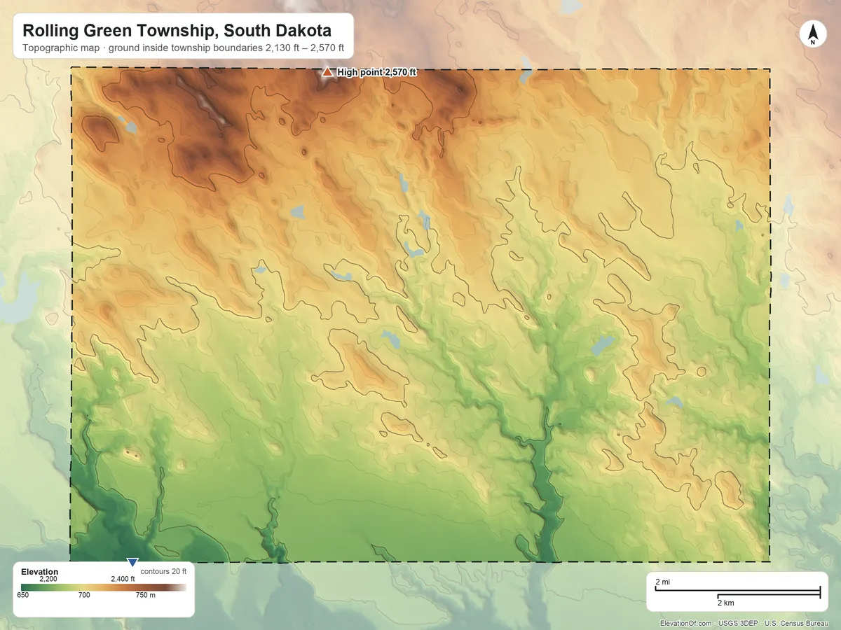 Topographic elevation map of Rolling Green Township, South Dakota, shaded from 2,130 ft on the southwest side to 2,570 ft on the northwest side
