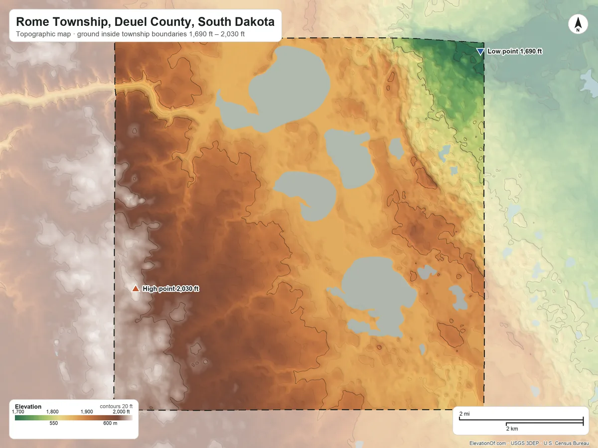 Topographic elevation map of Rome Township, Deuel County, South Dakota, shaded from 1,690 ft on the northeast side to 2,030 ft on the west side