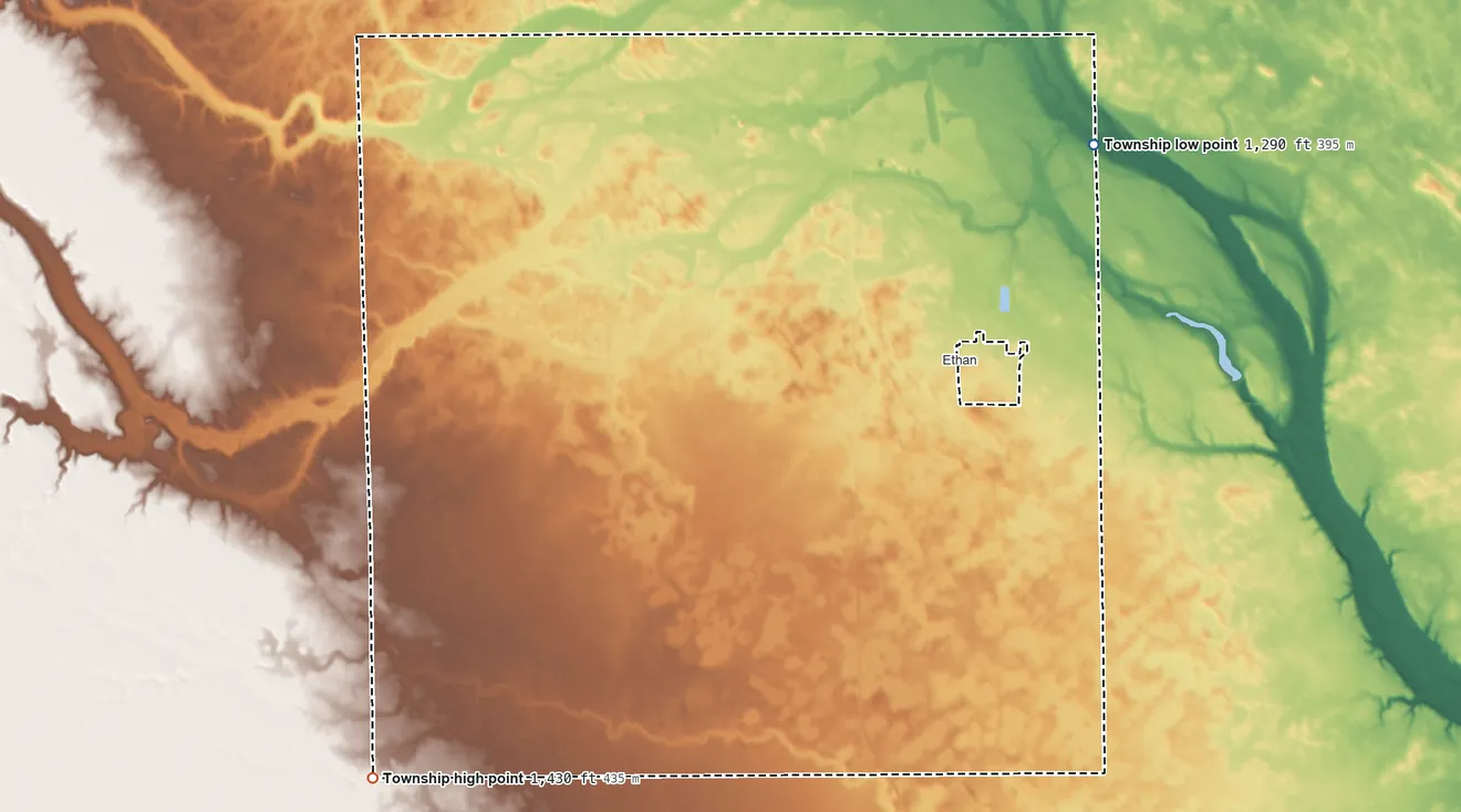 Topographic elevation map of Rome Township, South Dakota, shaded from 1,290 ft on the northeast side to 1,430 ft on the southwest side