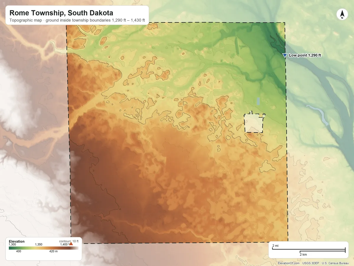Topographic elevation map of Rome Township, South Dakota, shaded from 1,290 ft on the northeast side to 1,430 ft on the southwest side