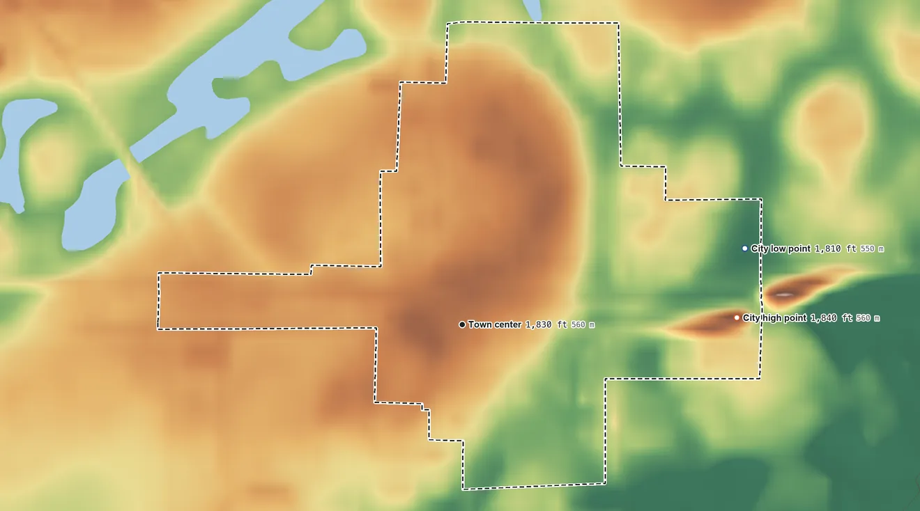 Topographic elevation map of Roscoe, South Dakota, shaded from 1,810 ft on the east side to 1,840 ft on the east side