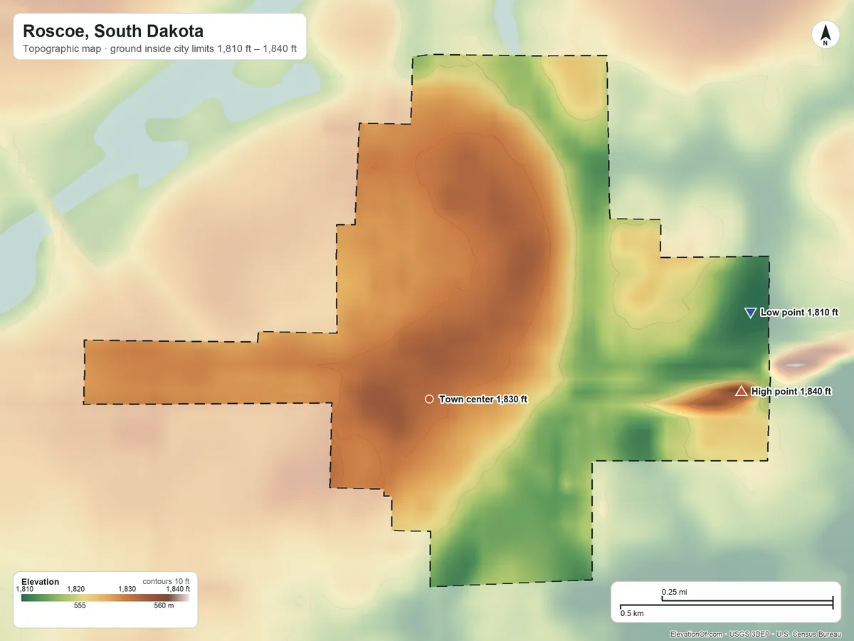 Topographic elevation map of Roscoe, South Dakota, shaded from 1,810 ft on the east side to 1,840 ft on the east side