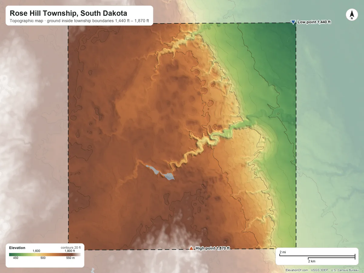Topographic elevation map of Rose Hill Township, South Dakota, shaded from 1,440 ft on the northeast side to 1,870 ft near the middle