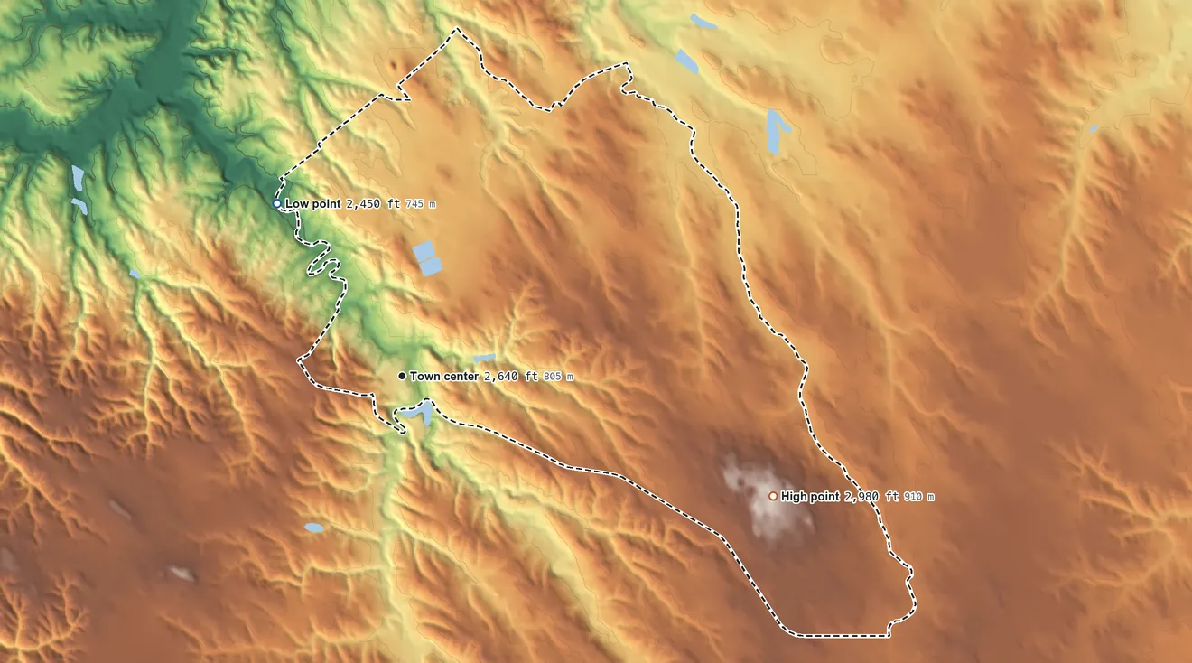 Topographic elevation map of Rosebud, South Dakota, shaded from 2,450 ft on the northwest side to 2,980 ft on the east side