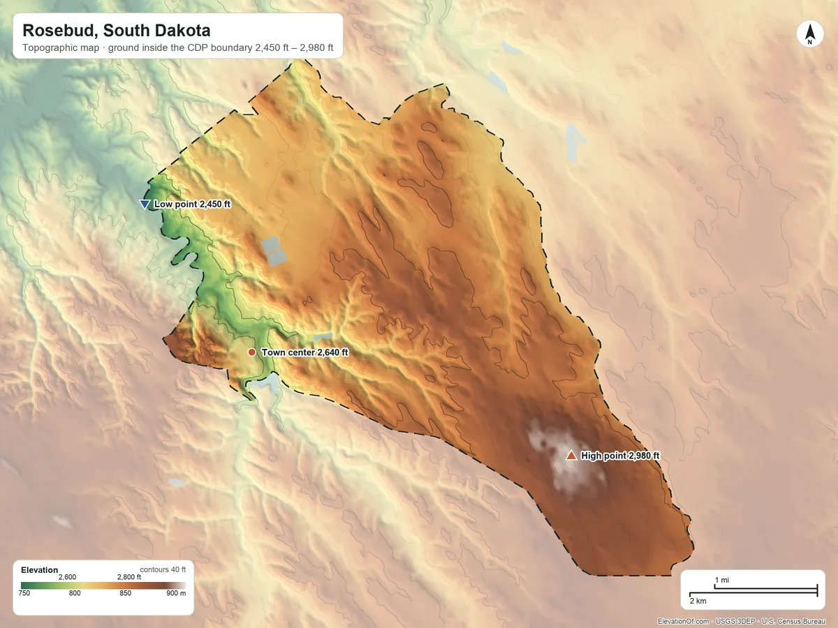 Topographic elevation map of Rosebud, South Dakota, shaded from 2,450 ft on the northwest side to 2,980 ft on the east side