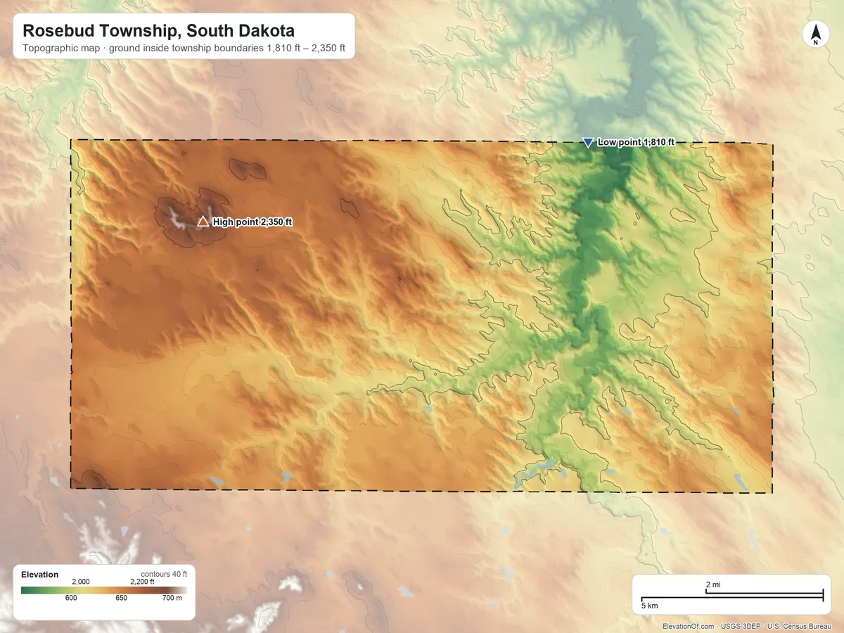Topographic elevation map of Rosebud Township, South Dakota, shaded from 1,810 ft on the northeast side to 2,350 ft on the northwest side