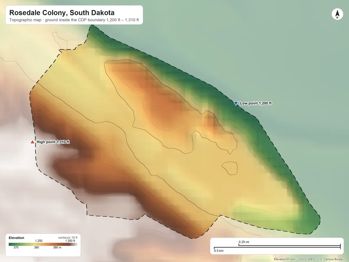 Topographic elevation map of Rosedale Colony, South Dakota, shaded from 1,200 ft on the northeast side to 1,310 ft on the west side