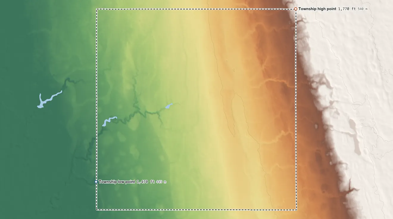 Topographic elevation map of Rosedale Township, Clark County, South Dakota, shaded from 1,470 ft on the southwest side to 1,770 ft on the northeast side