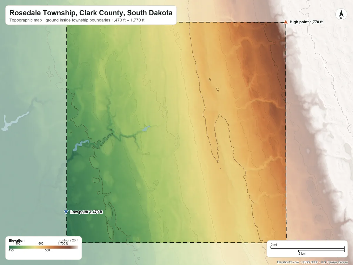 Topographic elevation map of Rosedale Township, Clark County, South Dakota, shaded from 1,470 ft on the southwest side to 1,770 ft on the northeast side