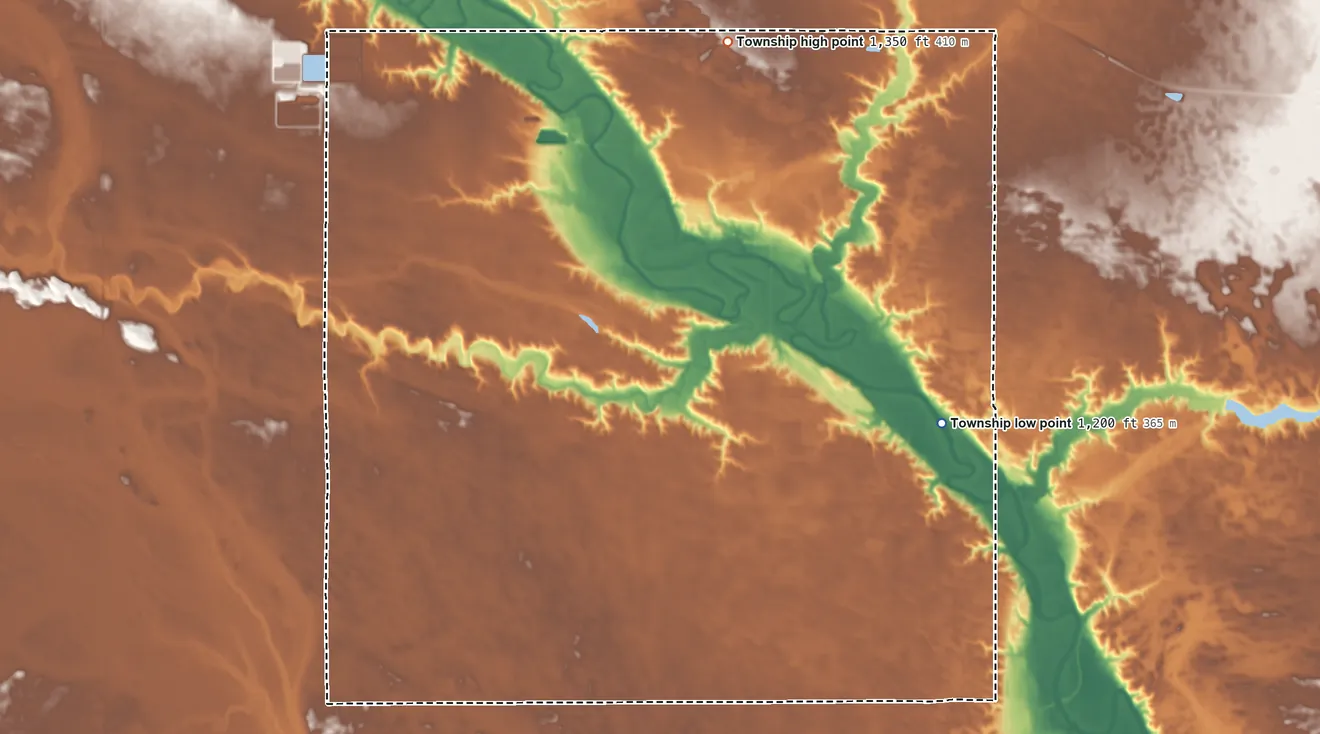 Topographic elevation map of Rosedale Township, South Dakota, shaded from 1,200 ft on the southeast side to 1,350 ft on the north side