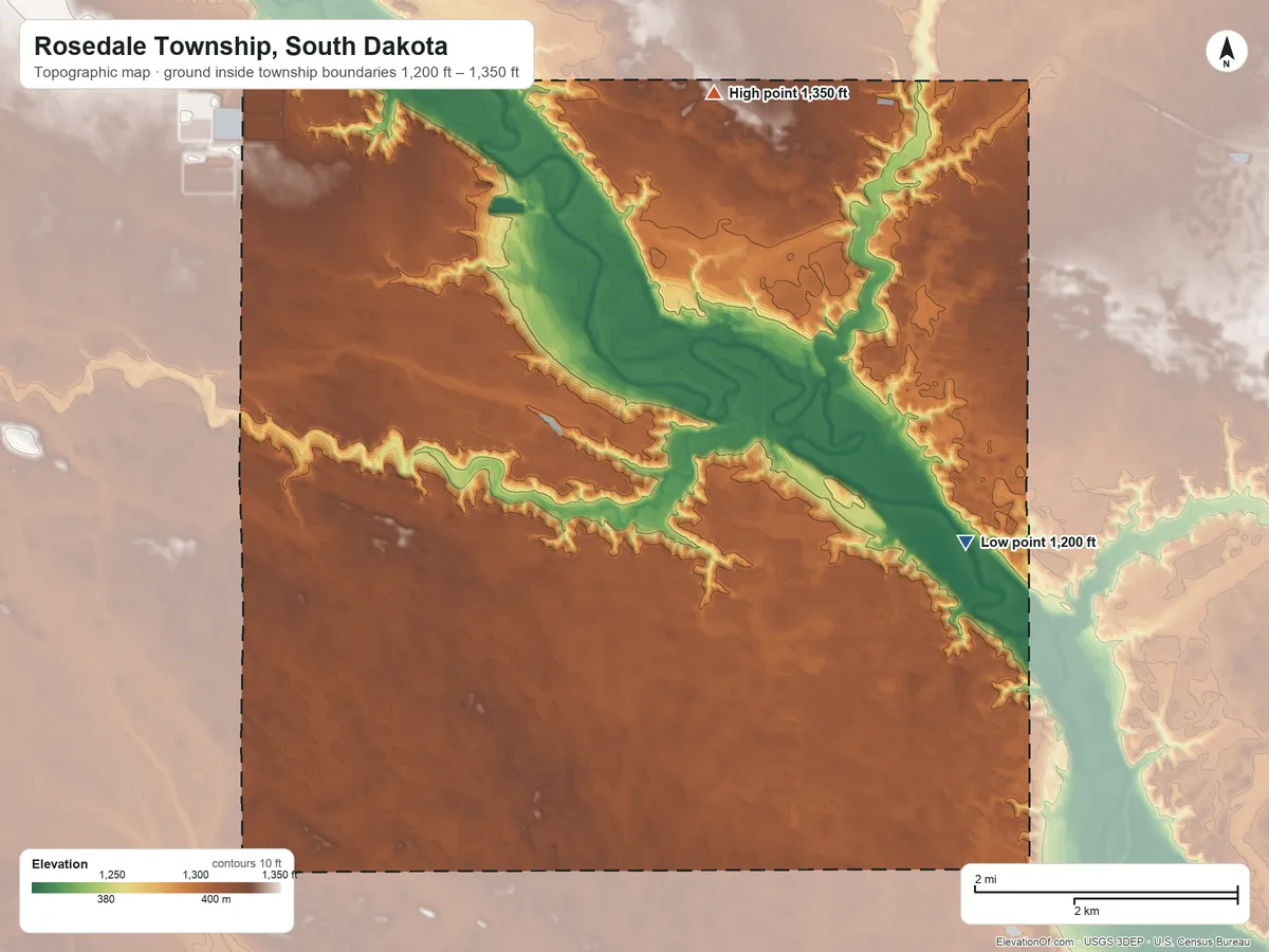 Topographic elevation map of Rosedale Township, South Dakota, shaded from 1,200 ft on the southeast side to 1,350 ft on the north side