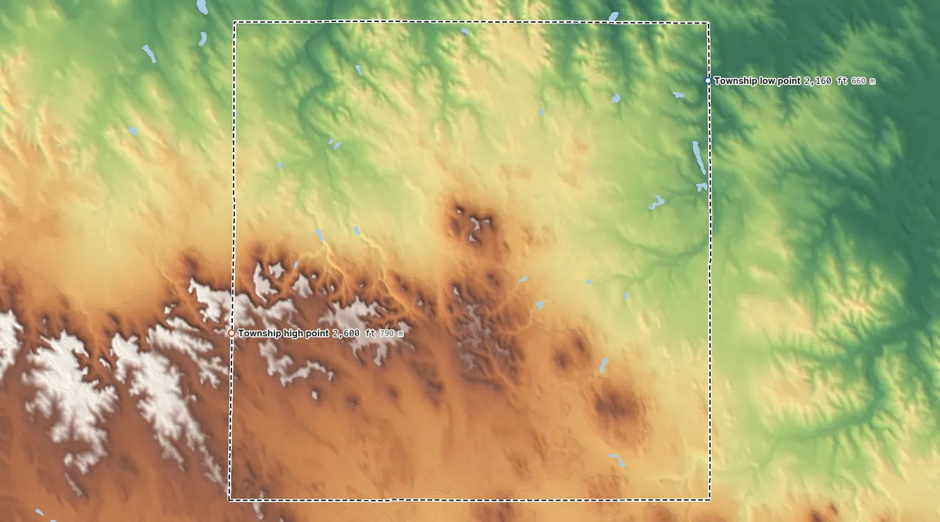 Topographic elevation map of Rosedale Township, Tripp County, South Dakota, shaded from 2,160 ft on the east side to 2,600 ft on the southwest side
