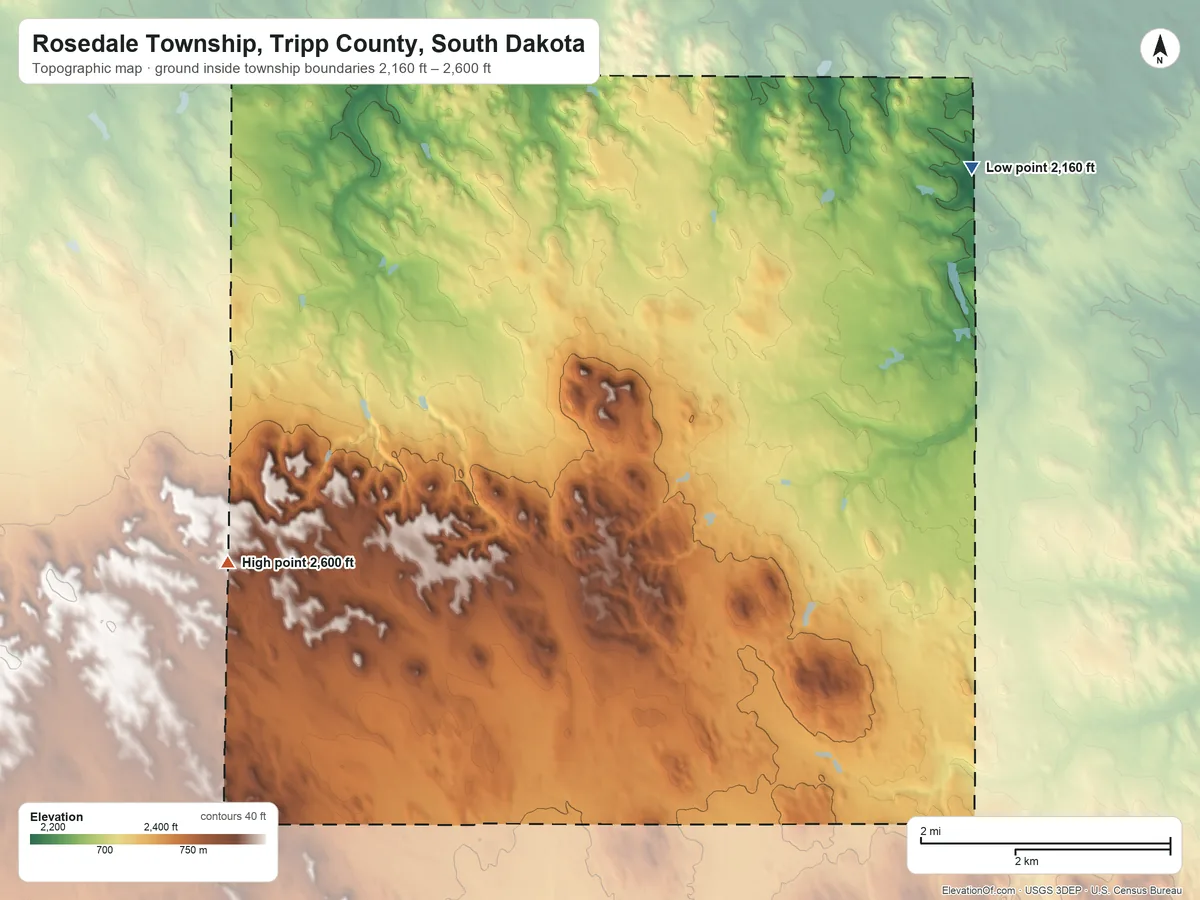 Topographic elevation map of Rosedale Township, Tripp County, South Dakota, shaded from 2,160 ft on the east side to 2,600 ft on the southwest side