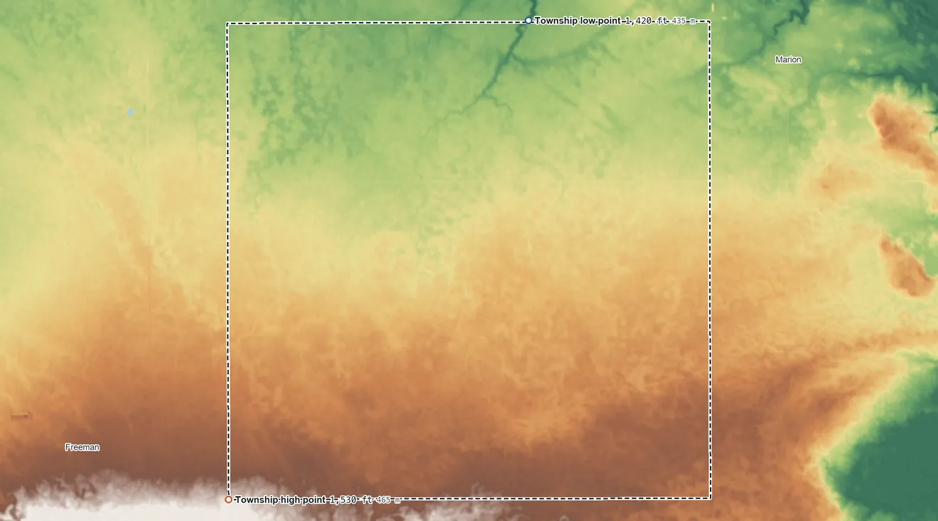 Topographic elevation map of Rosefield Township, South Dakota, shaded from 1,420 ft on the north side to 1,530 ft on the southwest side