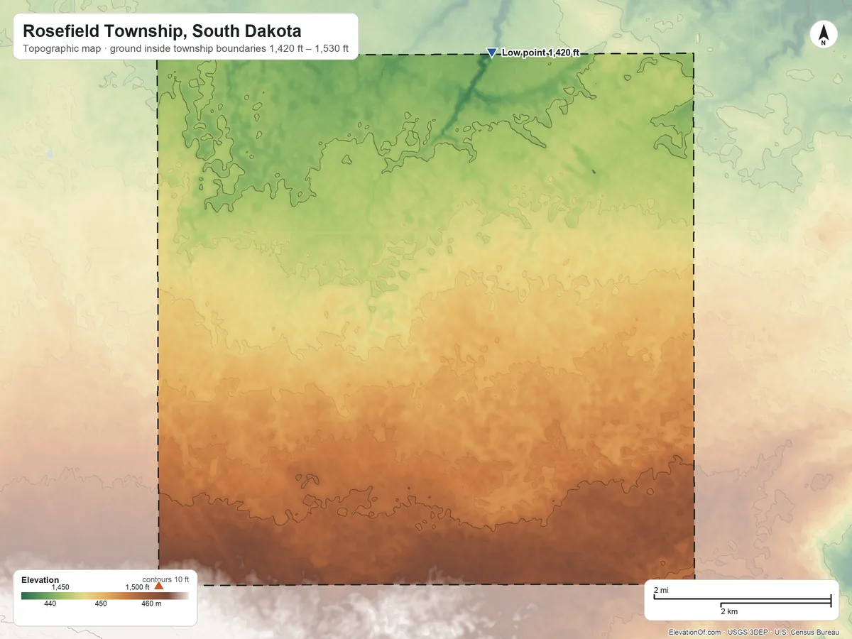Topographic elevation map of Rosefield Township, South Dakota, shaded from 1,420 ft on the north side to 1,530 ft on the southwest side
