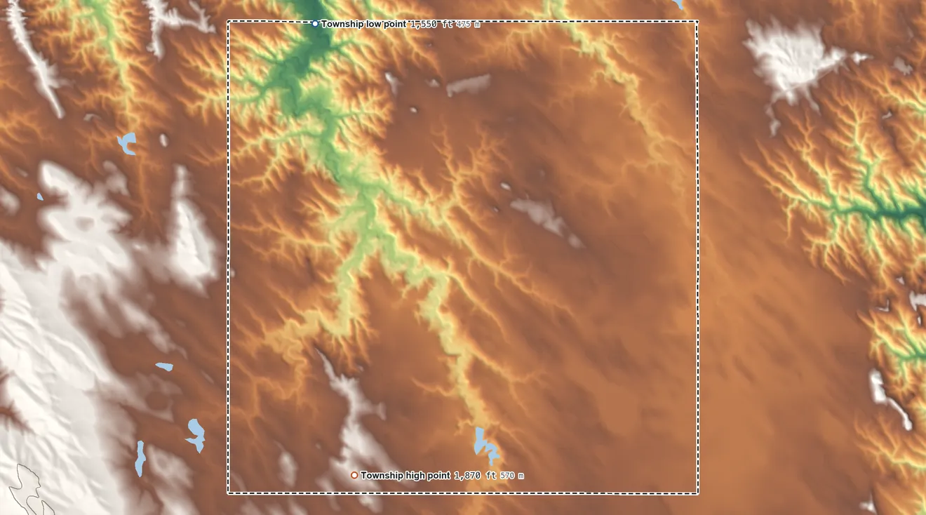 Topographic elevation map of Roseland Township, South Dakota, shaded from 1,550 ft on the north side to 1,870 ft on the west side