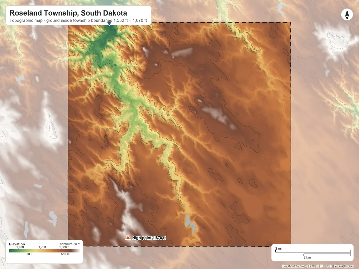 Topographic elevation map of Roseland Township, South Dakota, shaded from 1,550 ft on the north side to 1,870 ft on the west side
