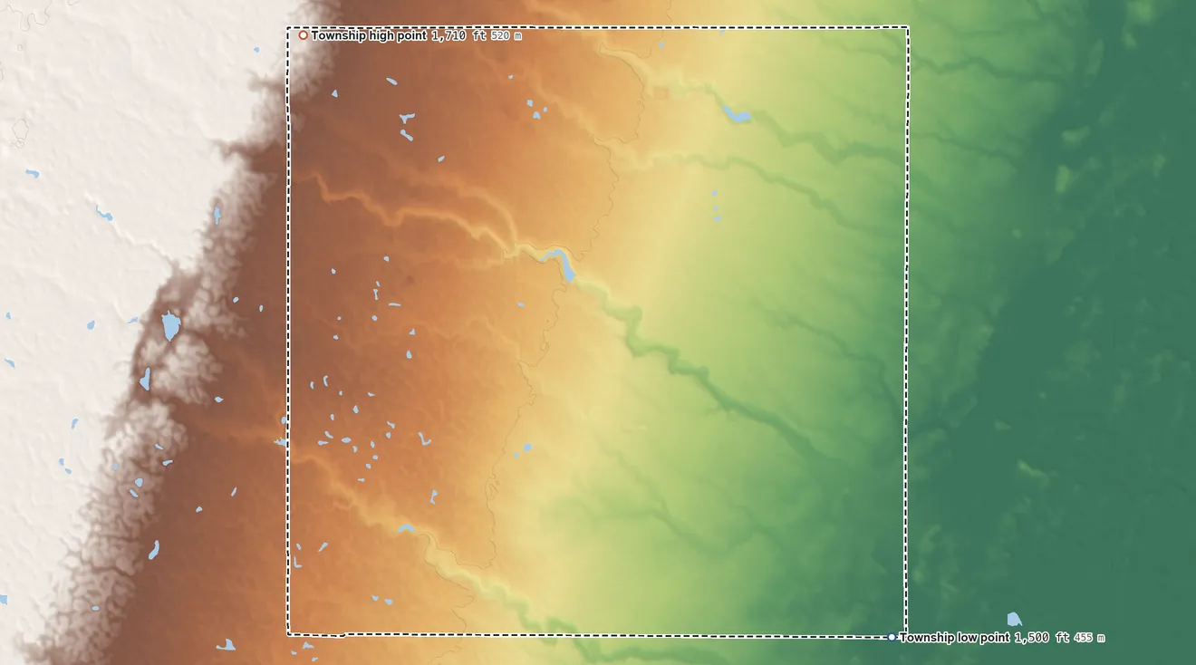 Topographic elevation map of Rosette Township, South Dakota, shaded from 1,500 ft on the south side to 1,710 ft on the west side