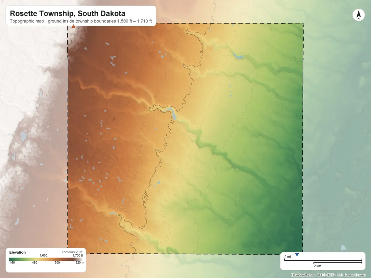 Topographic elevation map of Rosette Township, South Dakota, shaded from 1,500 ft on the south side to 1,710 ft on the west side