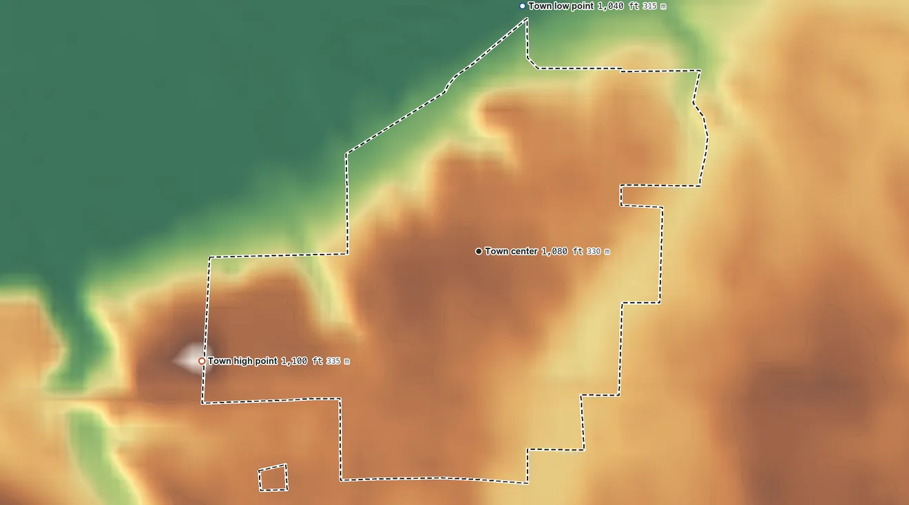 Topographic elevation map of Rosholt, South Dakota, shaded from 1,040 ft on the north side to 1,100 ft on the west side