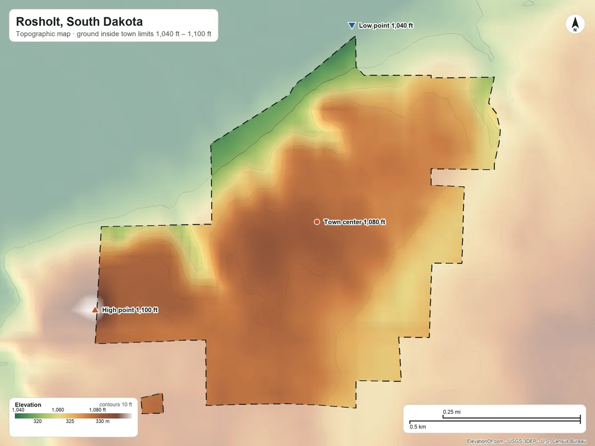 Topographic elevation map of Rosholt, South Dakota, shaded from 1,040 ft on the north side to 1,100 ft on the west side