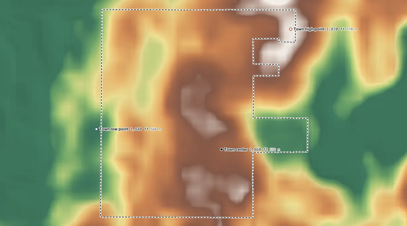 Topographic elevation map of Roslyn, South Dakota, shaded from 1,840 ft on the west side to 1,870 ft on the northeast side