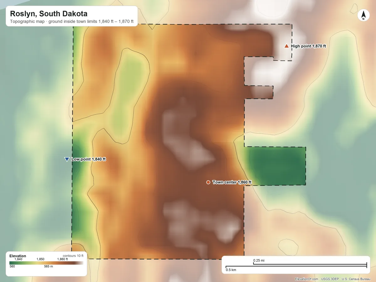 Topographic elevation map of Roslyn, South Dakota, shaded from 1,840 ft on the west side to 1,870 ft on the northeast side