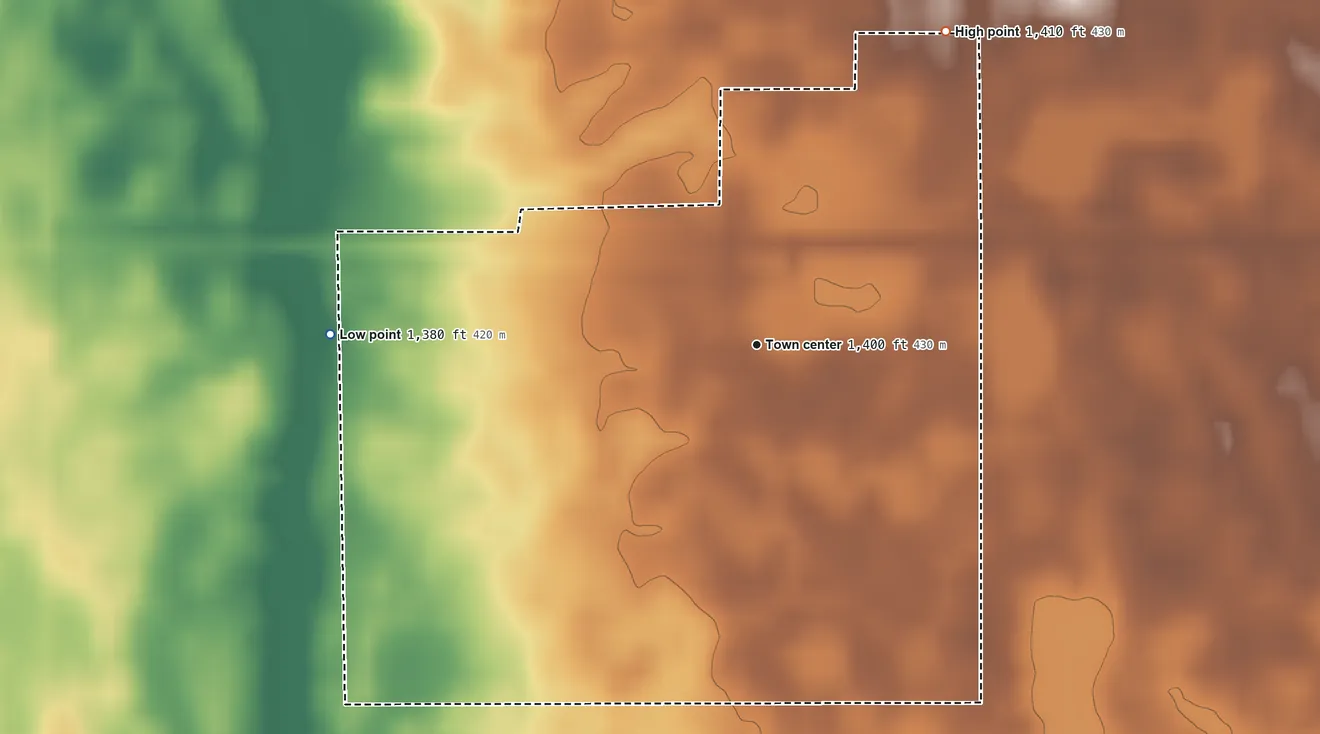 Topographic elevation map of Roswell, South Dakota, shaded from 1,380 ft on the west side to 1,410 ft on the northeast side