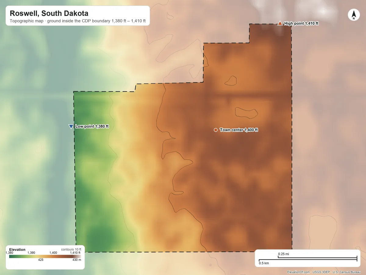 Topographic elevation map of Roswell, South Dakota, shaded from 1,380 ft on the west side to 1,410 ft on the northeast side